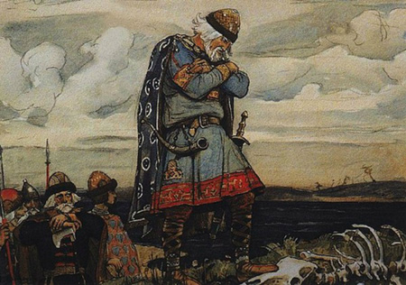 Oleg of Novgorod thinking in the battle field.
